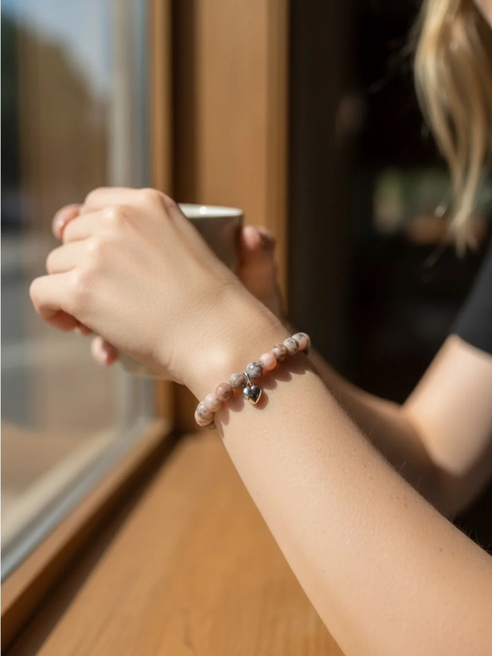 8/21 Natural Pink Beaded Bracelet with Silver Heart Charm